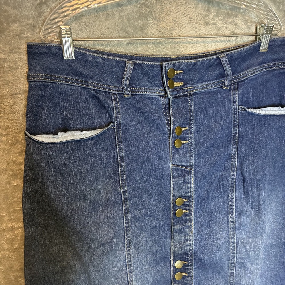 Womens Denim Button Front Midi Skirt 16W Plus Pencil Modest Country Stretch Blue